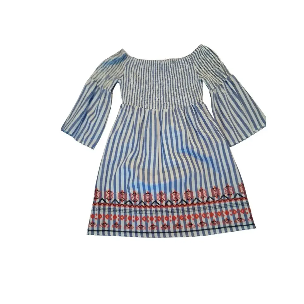 Braeve Coastal Boho Embroidered Cotton Mini Dress Bell Sleeve M - Picture 3 of 9